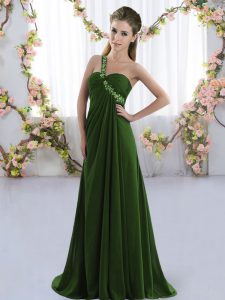 Inexpensive Olive Green Empire Beading Dama Dress for Quinceanera Lace Up Chiffon Sleeveless