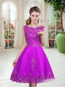 Fantastic Purple A-line Scoop Sleeveless Tulle Knee Length Lace Up Beading and Appliques Prom Evening Gown