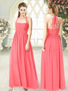 Exceptional Ruching Prom Party Dress Watermelon Red Zipper Sleeveless Floor Length