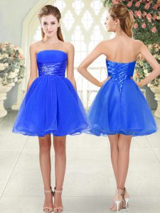 Hot Sale Blue Strapless Neckline Beading Prom Evening Gown Sleeveless Lace Up