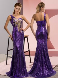 High Quality Purple Sequined Lace Up Prom Dress Sleeveless Sweep Train Beading and Appliques