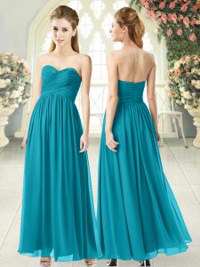 Delicate Teal Chiffon Zipper Prom Party Dress Sleeveless Ankle Length Ruching