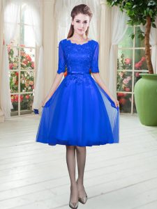 Royal Blue Scoop Neckline Lace Prom Party Dress Half Sleeves Lace Up