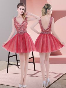 Chic Mini Length Watermelon Red Dress for Prom V-neck Sleeveless Backless