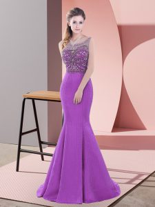 Fine Purple Backless Prom Evening Gown Beading and Lace Sleeveless Sweep Train