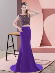 Purple Prom Dress Prom and Party with Beading Scoop Sleeveless Sweep Train Backless