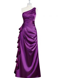 One Shoulder Sleeveless Elastic Woven Satin Prom Party Dress Beading and Ruching and Pleated Side Zipper