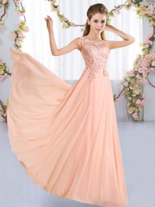 Peach Empire Lace Quinceanera Dama Dress Lace Up Chiffon Sleeveless Floor Length