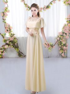 Light Yellow Chiffon Zipper Damas Dress Short Sleeves Floor Length Appliques