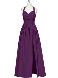 Eggplant Purple A-line Halter Top Sleeveless Chiffon Floor Length Zipper Ruching Prom Evening Gown