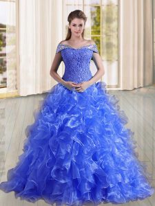 Spectacular Off The Shoulder Sleeveless Sweep Train Lace Up Sweet 16 Quinceanera Dress Blue Organza
