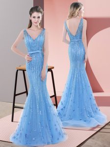 Tulle Sleeveless Prom Evening Gown Sweep Train and Beading and Sequins