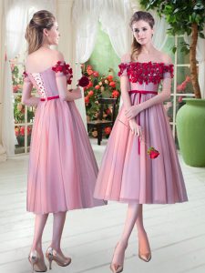 Simple Tea Length Lace Up Pink for Prom and Party with Appliques