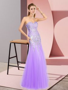 Eye-catching Lavender Column/Sheath Tulle Sweetheart Sleeveless Beading Floor Length Zipper Prom Gown