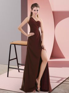 Unique Sweep Train Empire Prom Evening Gown Burgundy One Shoulder Chiffon Sleeveless Backless