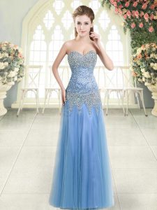Blue Tulle Zipper Prom Gown Sleeveless Floor Length Beading