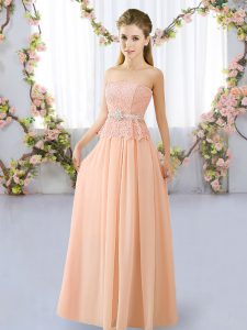 Glamorous Peach Sleeveless Floor Length Lace and Belt Lace Up Vestidos de Damas
