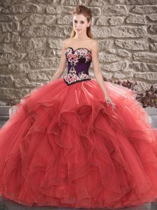 Sleeveless Tulle Floor Length Lace Up Sweet 16 Dress in Red with Beading and Embroidery