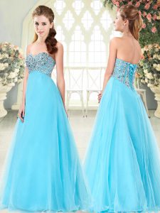 Cheap Aqua Blue Tulle Lace Up Sweetheart Sleeveless Floor Length Prom Gown Beading