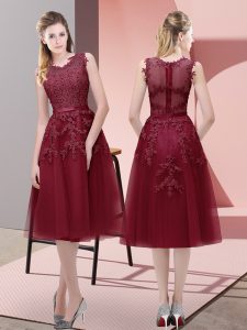 Burgundy A-line V-neck Sleeveless Tulle Tea Length Lace Up Beading and Lace and Appliques