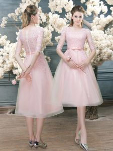 Tea Length Pink Prom Evening Gown Tulle Half Sleeves Lace
