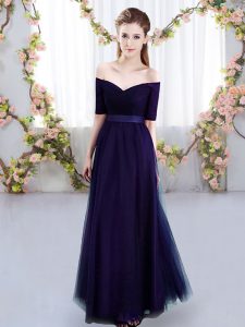 Modest Floor Length Purple Quinceanera Dama Dress Off The Shoulder Short Sleeves Lace Up