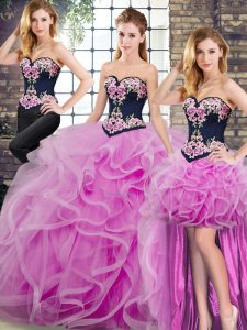 Flare Lilac Ball Gowns Tulle Sweetheart Sleeveless Embroidery and Ruffles Lace Up Sweet 16 Dresses Sweep Train