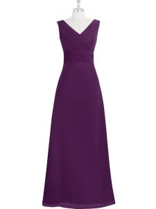 Fancy Floor Length Eggplant Purple Chiffon Sleeveless Ruching