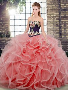 Perfect Watermelon Red Sweetheart Lace Up Embroidery and Ruffles Quinceanera Gown Sweep Train Sleeveless