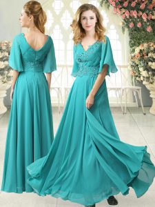 Exquisite Aqua Blue Half Sleeves Chiffon Sweep Train Zipper Prom Party Dress for Prom and Party
