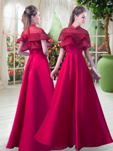 Eye-catching Short Sleeves Satin Floor Length Zipper Prom Dress in Red with Lace