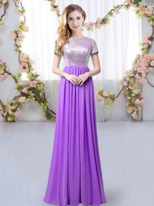 Empire Court Dresses for Sweet 16 Purple Scoop Chiffon Short Sleeves Floor Length Zipper