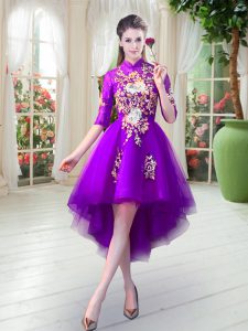 Appliques Prom Evening Gown Purple Zipper Half Sleeves High Low