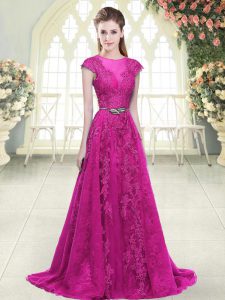 Fuchsia Cap Sleeves Lace and Appliques Zipper Prom Dress