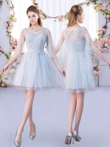 Grey Tulle Lace Up Scoop 3 4 Length Sleeve Mini Length Dama Dress for Quinceanera Lace