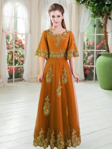 A-line Juniors Evening Dress Orange Scalloped Tulle Half Sleeves Floor Length Lace Up