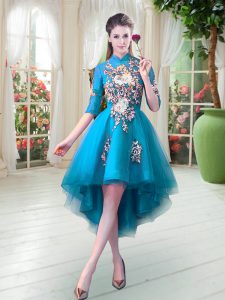 Teal A-line Tulle High-neck Half Sleeves Appliques High Low Zipper Dress for Prom