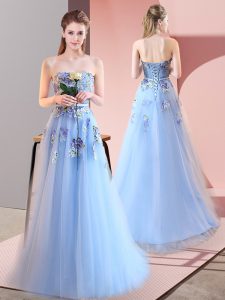 Inexpensive Blue A-line Tulle Sweetheart Sleeveless Appliques Floor Length Lace Up Prom Gown