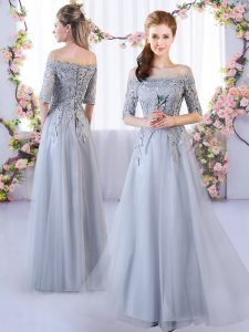 Romantic Floor Length Grey Quinceanera Court Dresses Off The Shoulder Half Sleeves Lace Up