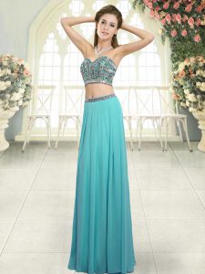 Vintage Beading Prom Gown Aqua Blue Backless Sleeveless Floor Length