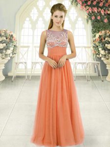 Unique Orange Dress for Prom Prom and Party and Military Ball with Beading Scoop Sleeveless Backless