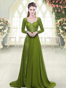 High End Olive Green Dress for Prom Sweetheart Long Sleeves Sweep Train Backless