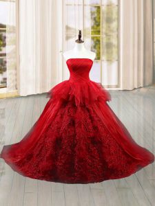 Colorful Wine Red Sleeveless Brush Train Lace and Ruffles Sweet 16 Dress
