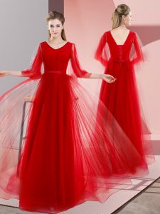 Wonderful V-neck Long Sleeves Prom Dress Floor Length Beading Red Tulle