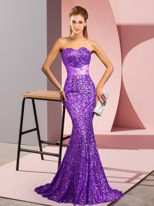 Spectacular Mermaid Sleeveless Purple Prom Dresses Sweep Train Backless