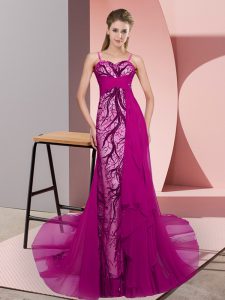 Fashionable Fuchsia Spaghetti Straps Zipper Beading and Lace Prom Gown Sweep Train Sleeveless