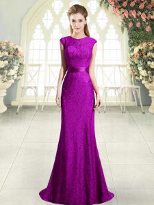 Elegant Sleeveless Sweep Train Backless Beading and Lace Evening Dress