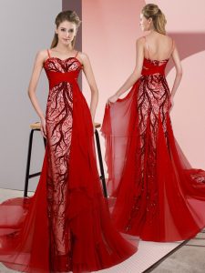 Red Empire Satin Spaghetti Straps Sleeveless Beading and Lace Lace Up Prom Evening Gown Sweep Train