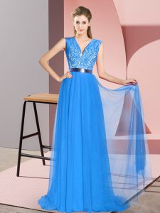 Fantastic Blue Prom Evening Gown Tulle Sweep Train Sleeveless Beading and Lace