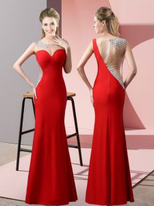 Elegant Scoop Sleeveless Zipper Prom Dresses Red Satin